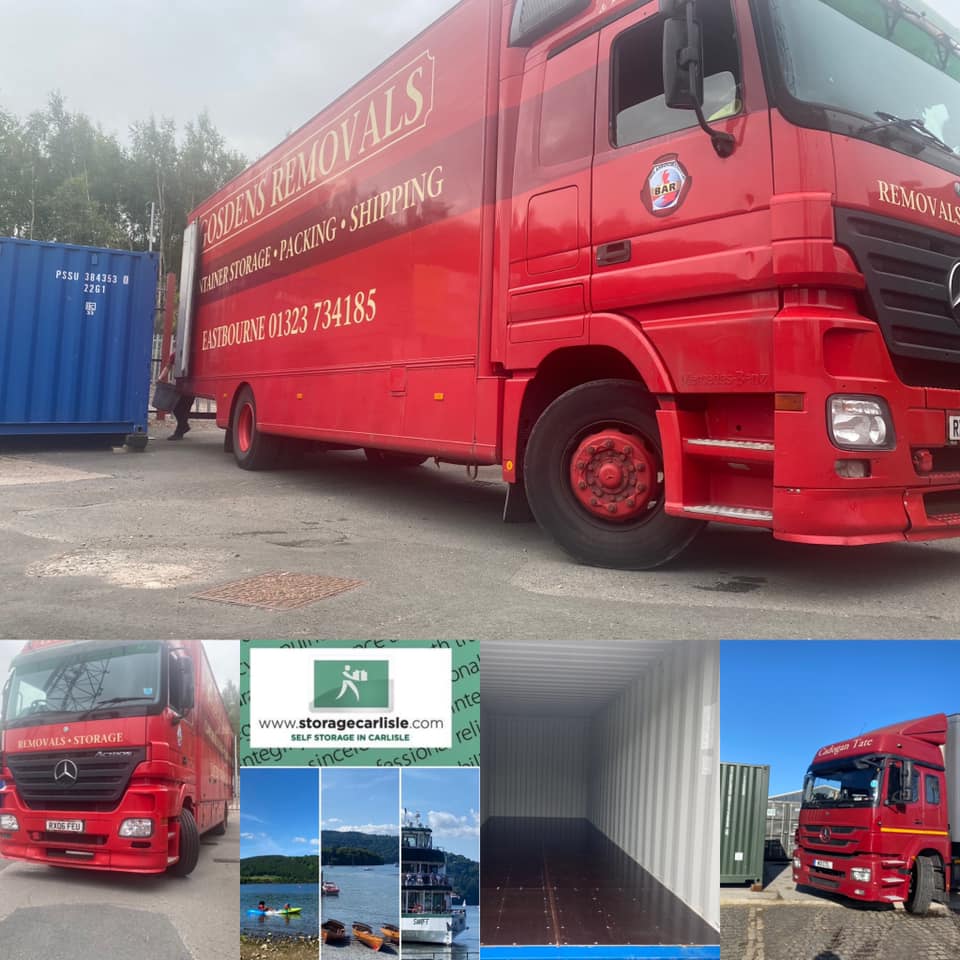 large red removal van unloading goods